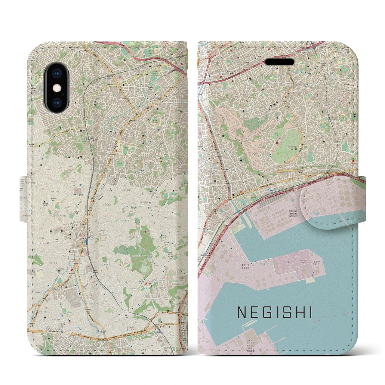 【根岸(神奈川県)】地図柄iPhoneケース(手帳タイプ)ナチュラル・iPhone XS / X 用