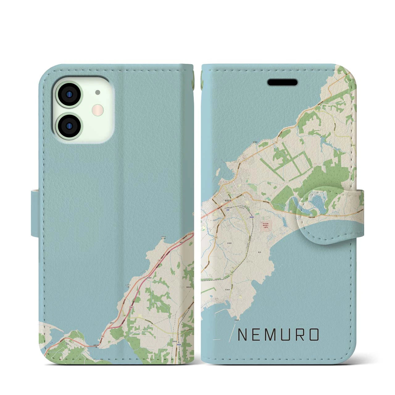 【根室(北海道)】地図柄iPhoneケース(手帳タイプ)ナチュラル・iPhone 12 mini 用