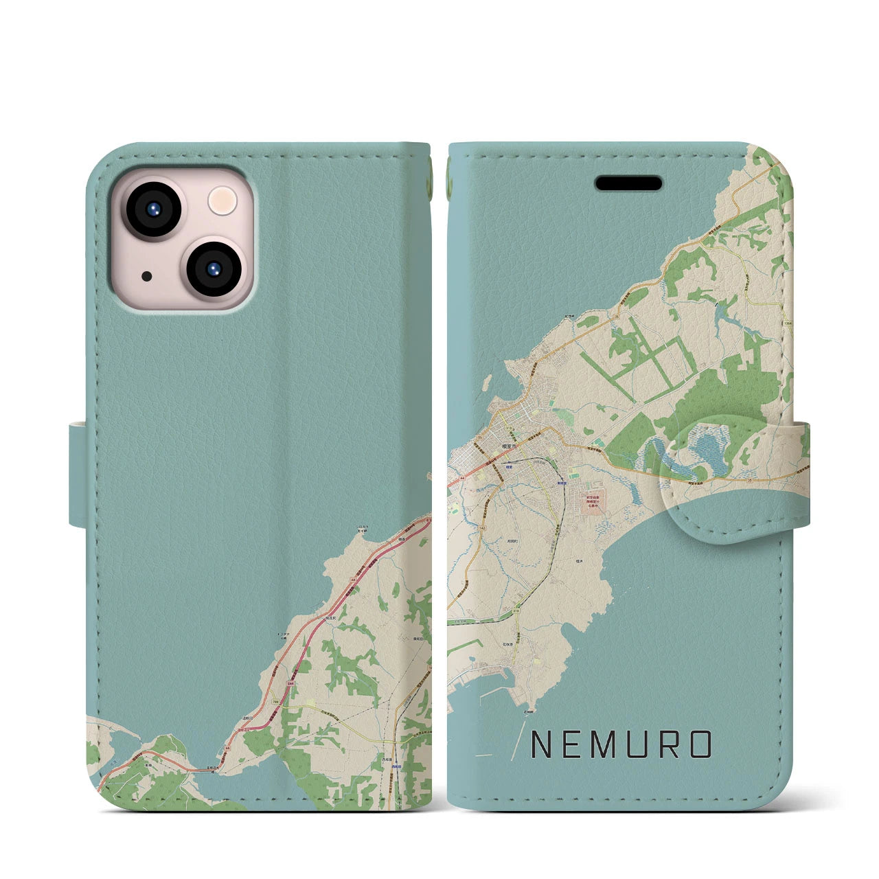 【根室(北海道)】地図柄iPhoneケース(手帳タイプ)ナチュラル・iPhone 13 mini 用