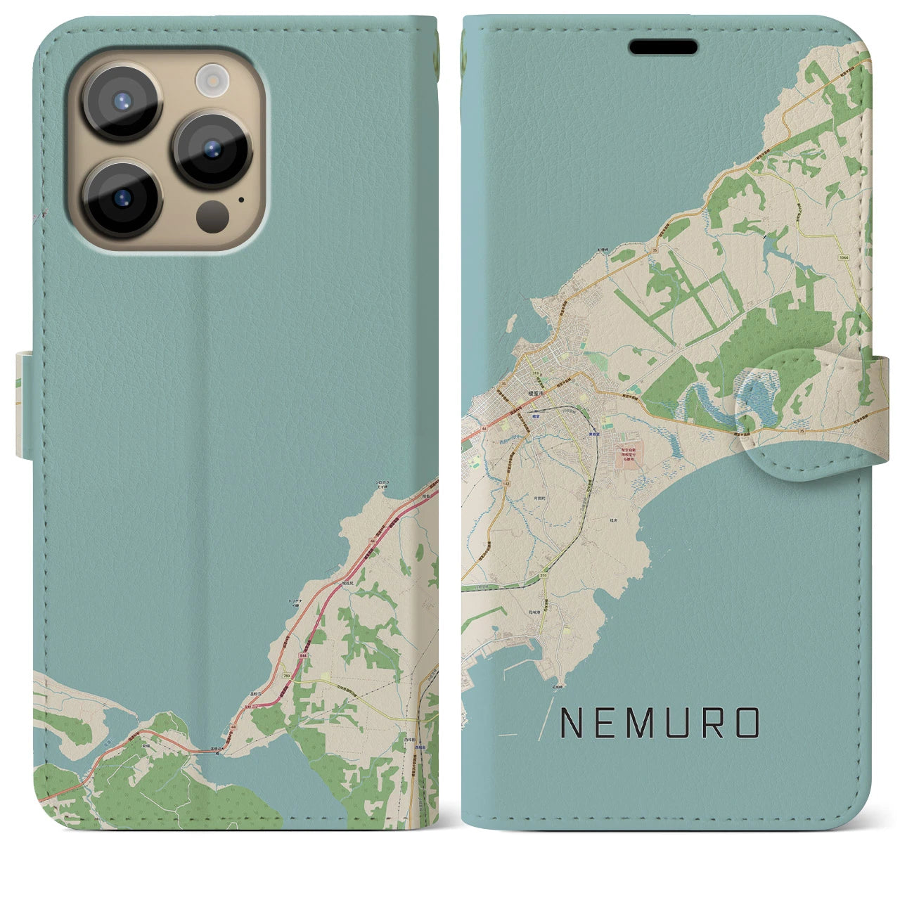【根室(北海道)】地図柄iPhoneケース(手帳タイプ)ナチュラル・iPhone 14 Pro Max 用