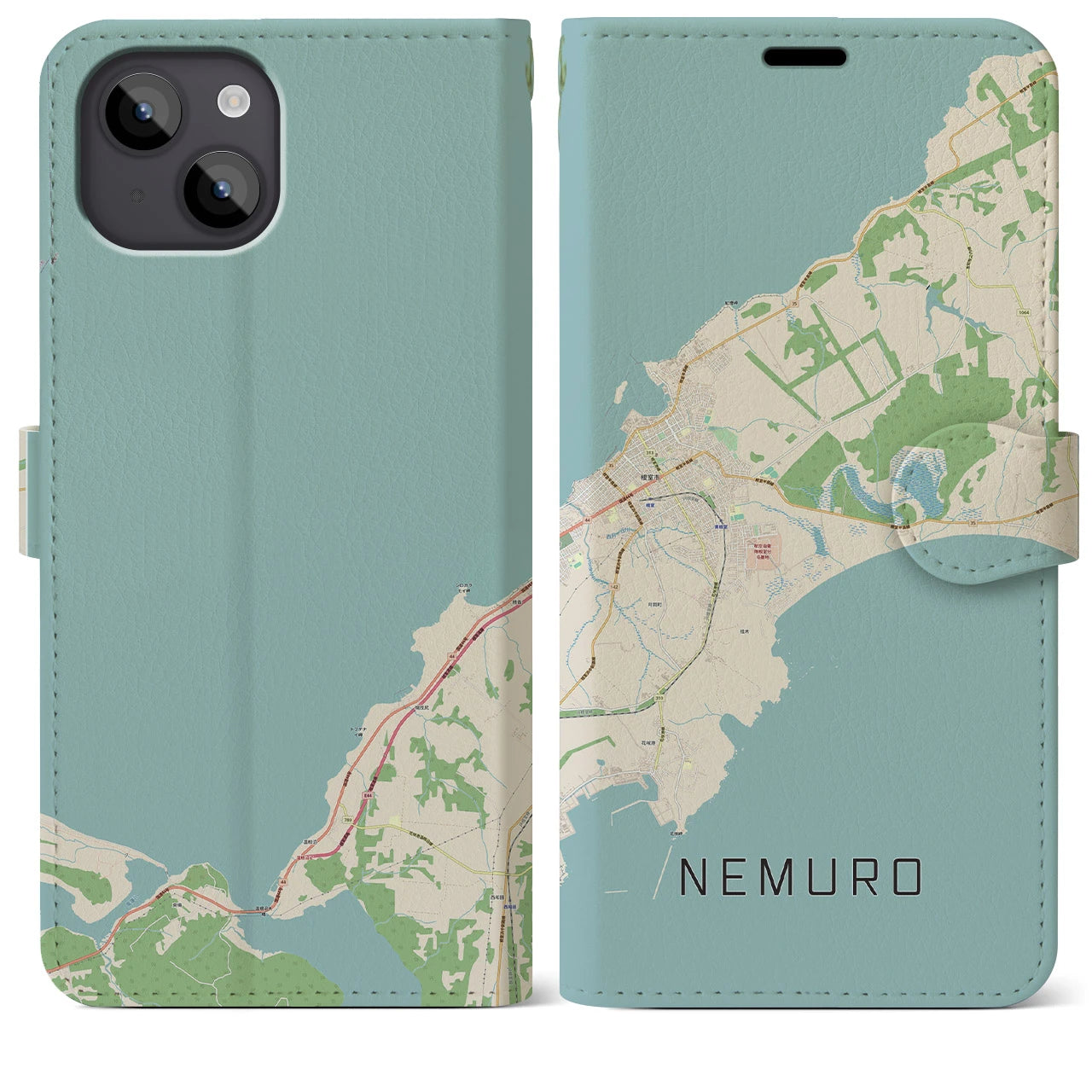 【根室(北海道)】地図柄iPhoneケース(手帳タイプ)ナチュラル・iPhone 14 Plus 用