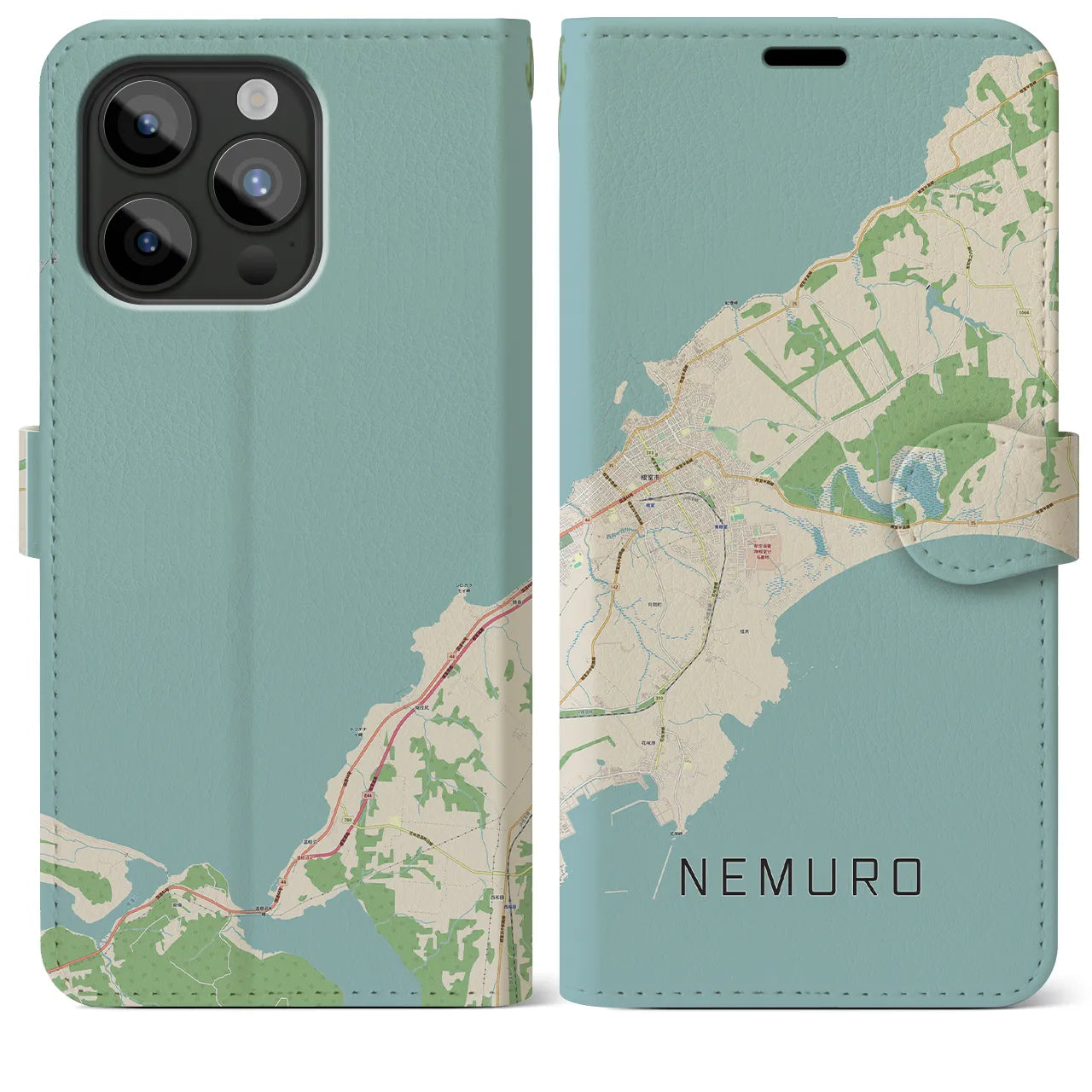 【根室(北海道)】地図柄iPhoneケース(手帳タイプ)ナチュラル・iPhone 15 Pro Max 用