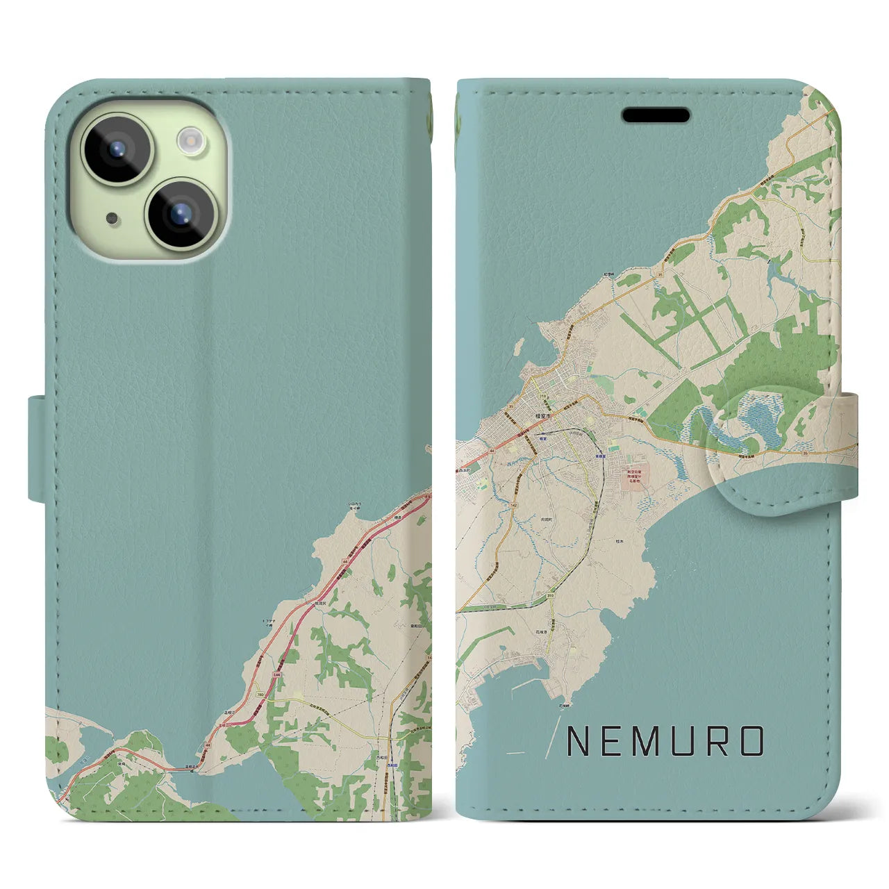 【根室(北海道)】地図柄iPhoneケース(手帳タイプ)ナチュラル・iPhone 15 用
