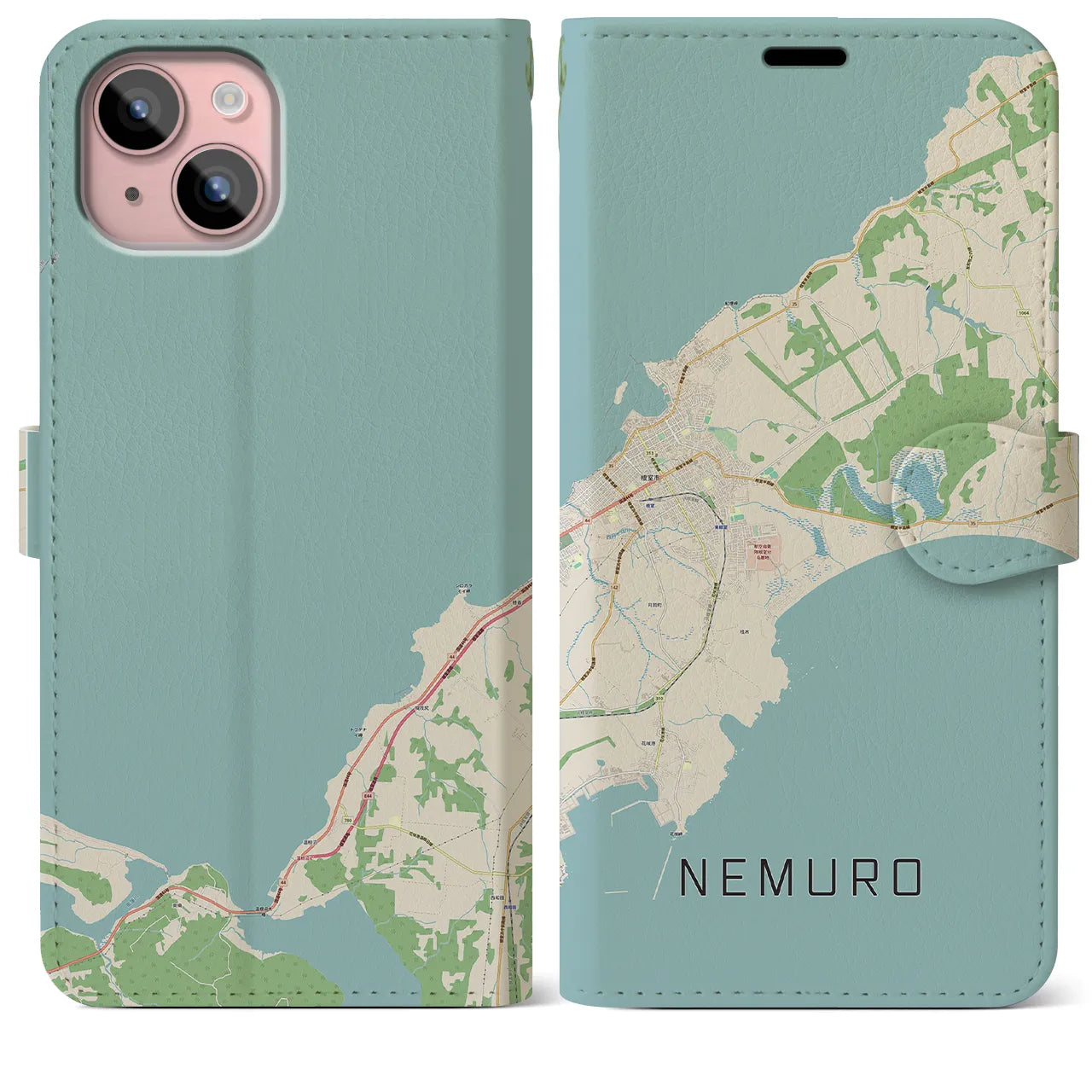【根室(北海道)】地図柄iPhoneケース(手帳タイプ)ナチュラル・iPhone 15 Plus 用