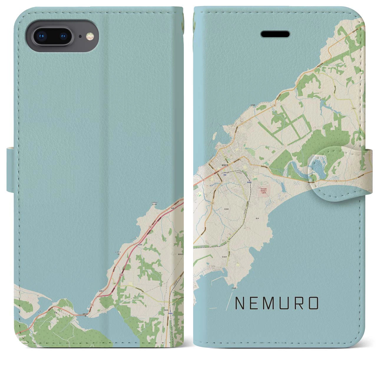 【根室(北海道)】地図柄iPhoneケース(手帳タイプ)ナチュラル・iPhone 8Plus /7Plus / 6sPlus / 6Plus 用