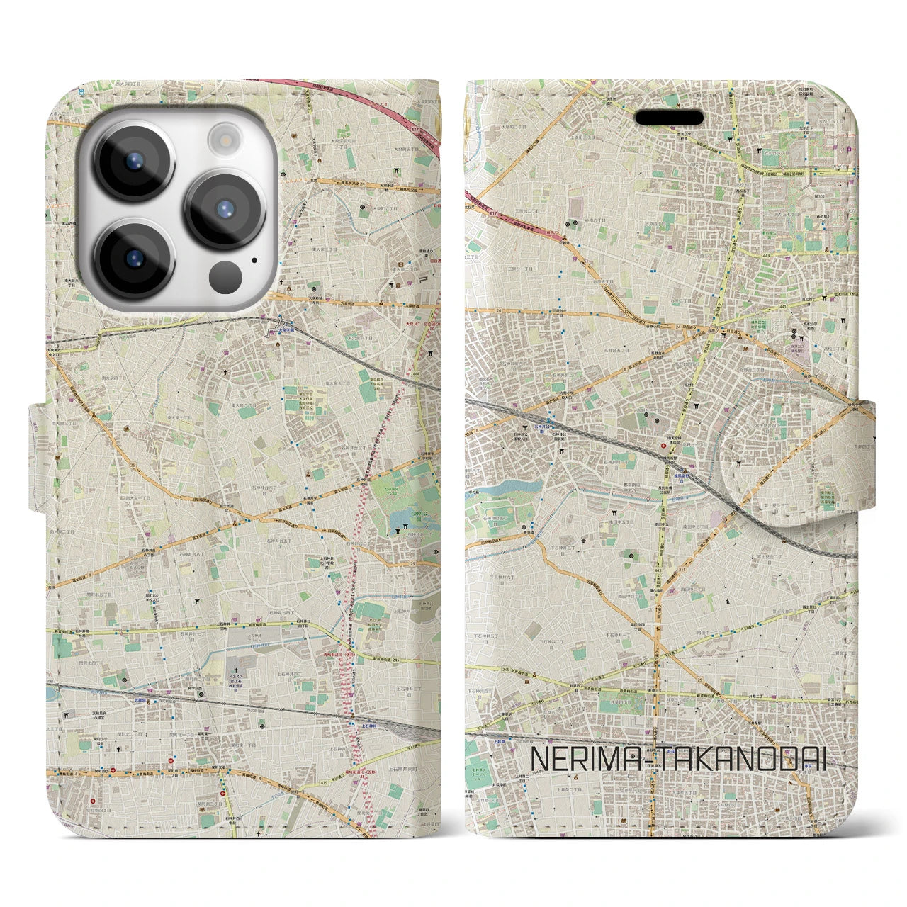 【練馬高野台(東京都)】地図柄iPhoneケース(手帳タイプ)ナチュラル・iPhone 14 Pro 用