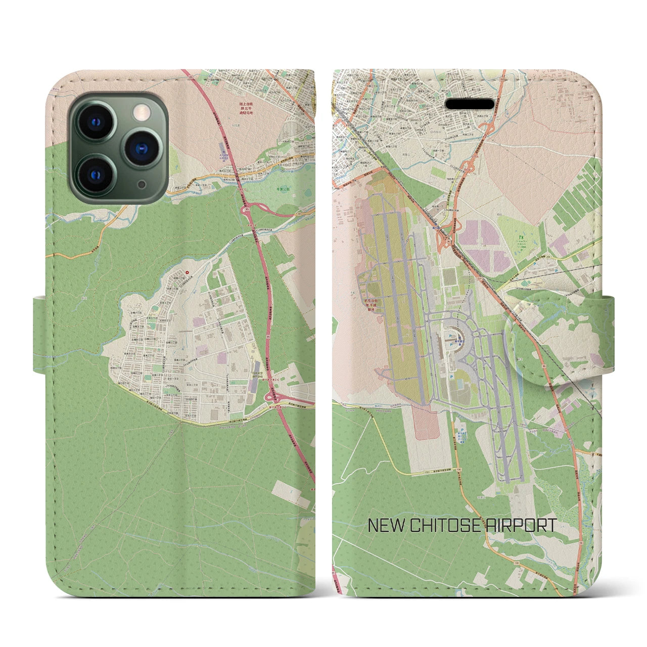 【新千歳空港(北海道)】地図柄iPhoneケース(手帳タイプ)ナチュラル・iPhone 11 Pro 用