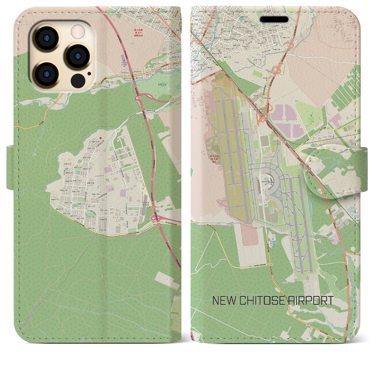 【新千歳空港(北海道)】地図柄iPhoneケース(手帳タイプ)ナチュラル・iPhone 12 Pro Max 用