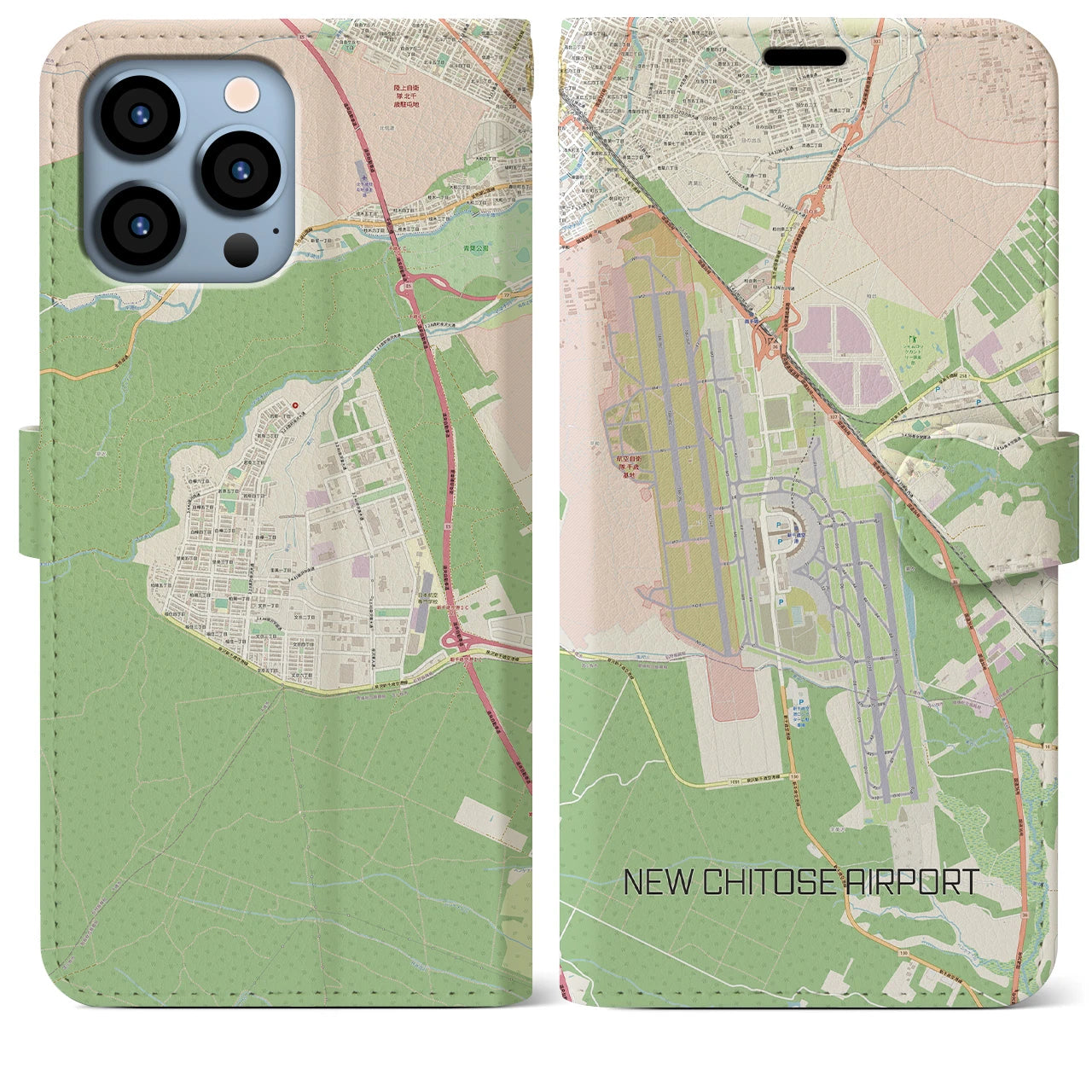 【新千歳空港(北海道)】地図柄iPhoneケース(手帳タイプ)ナチュラル・iPhone 13 Pro Max 用