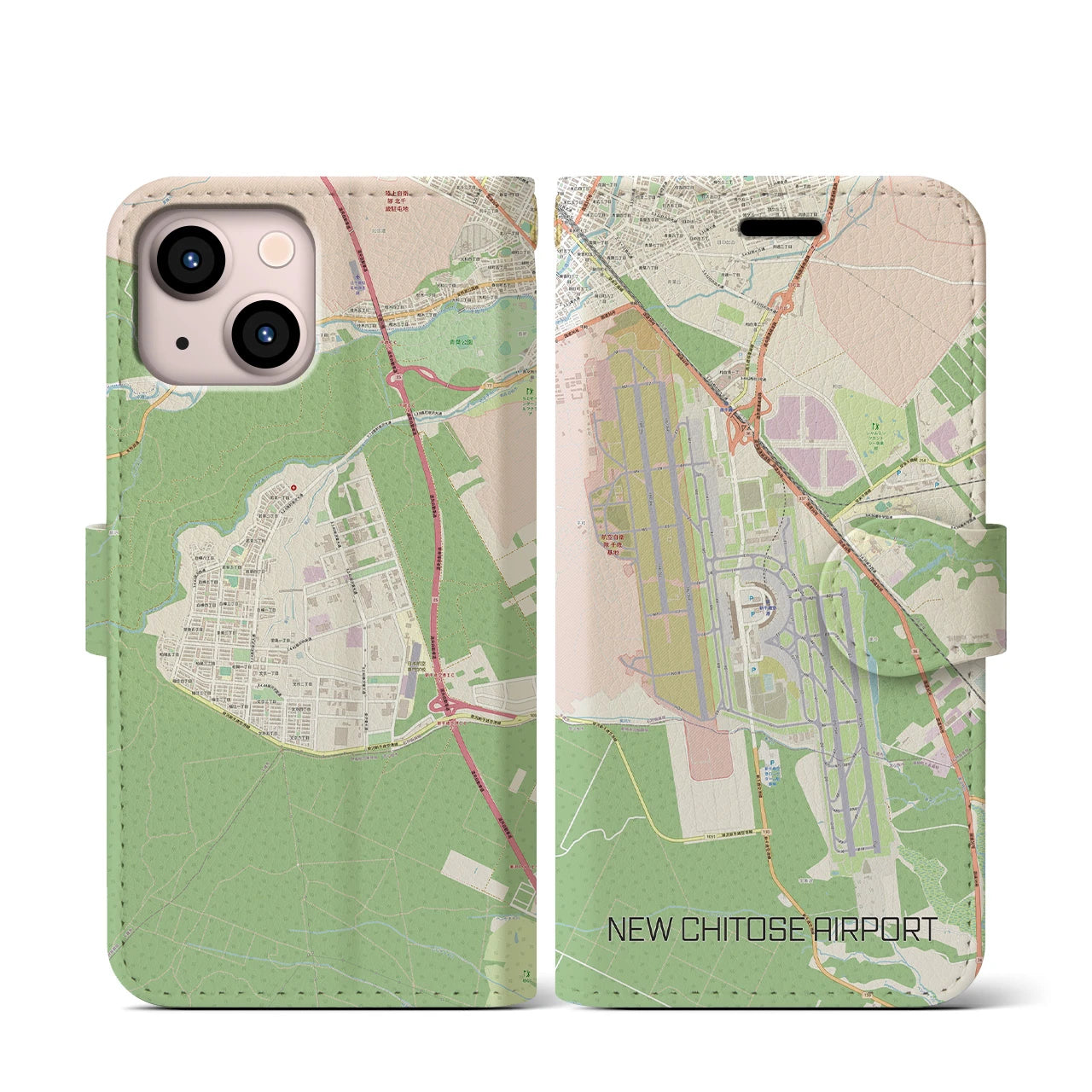 【新千歳空港(北海道)】地図柄iPhoneケース(手帳タイプ)ナチュラル・iPhone 13 mini 用