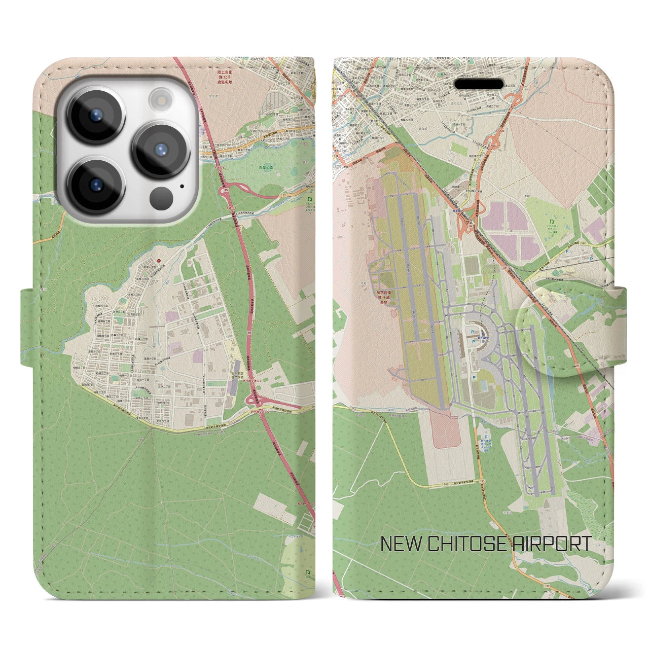 【新千歳空港(北海道)】地図柄iPhoneケース(手帳タイプ)ナチュラル・iPhone 14 Pro 用
