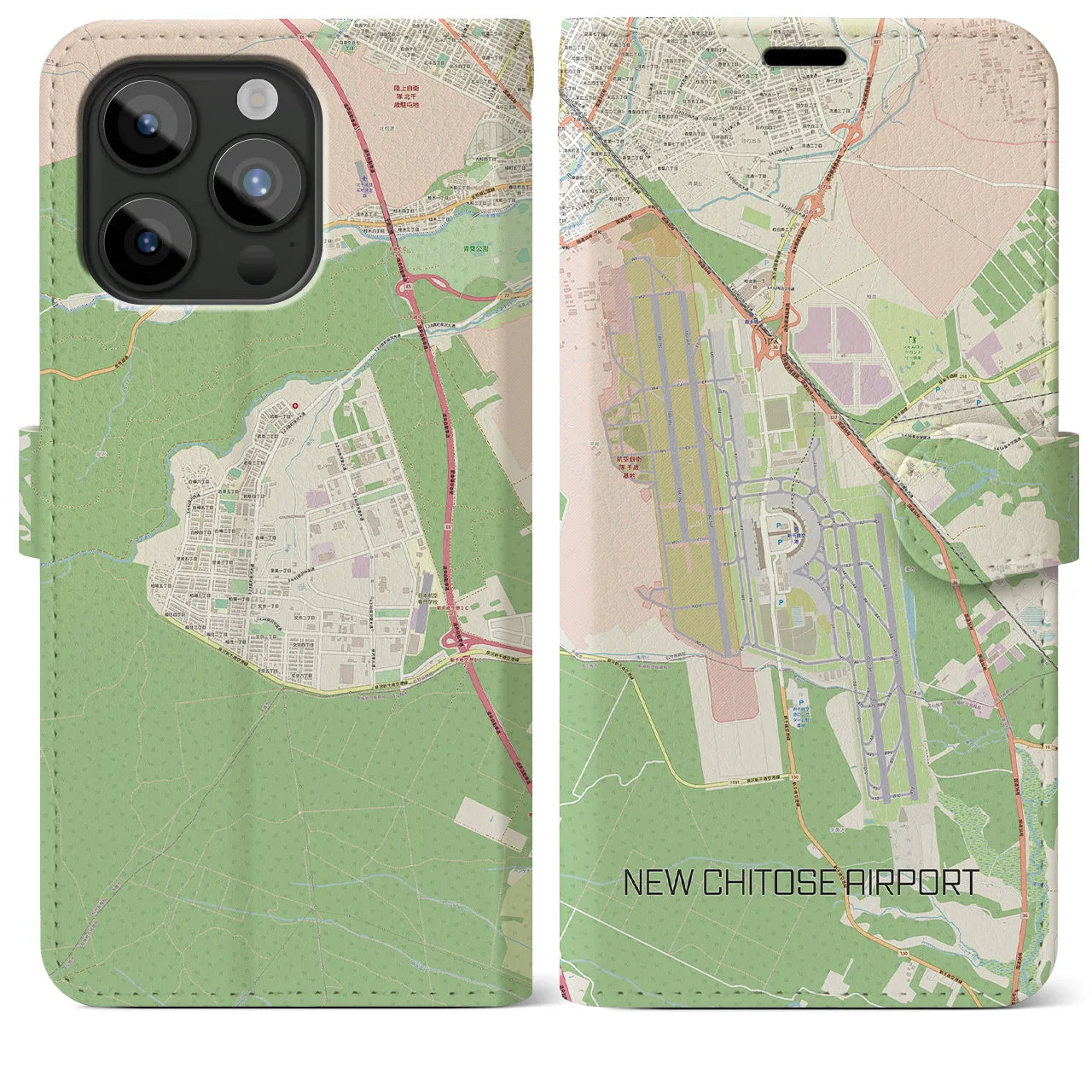 【新千歳空港(北海道)】地図柄iPhoneケース(手帳タイプ)ナチュラル・iPhone 15 Pro Max 用