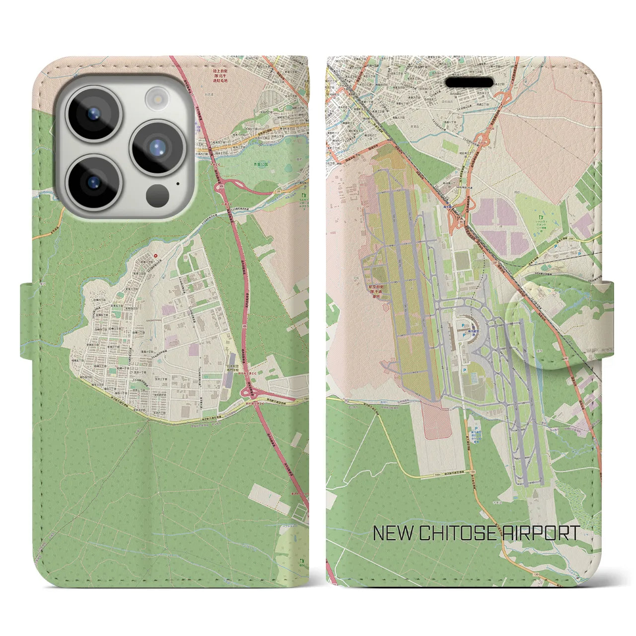 【新千歳空港(北海道)】地図柄iPhoneケース(手帳タイプ)ナチュラル・iPhone 15 Pro 用
