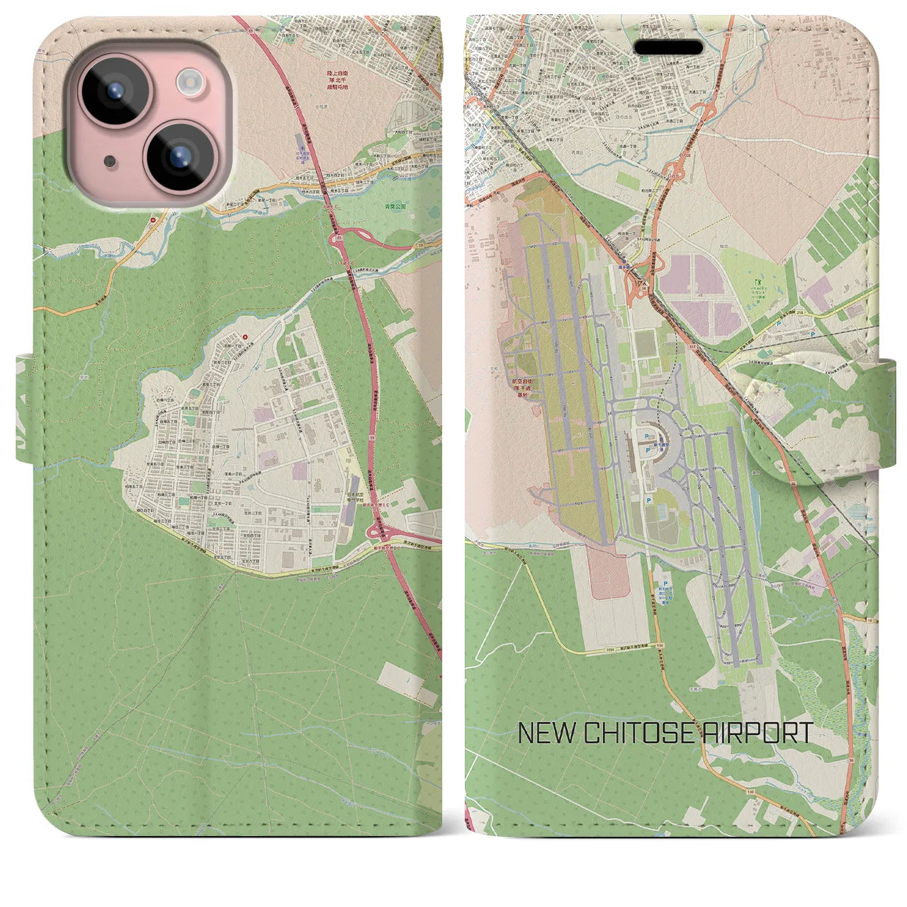 【新千歳空港(北海道)】地図柄iPhoneケース(手帳タイプ)ナチュラル・iPhone 15 Plus 用