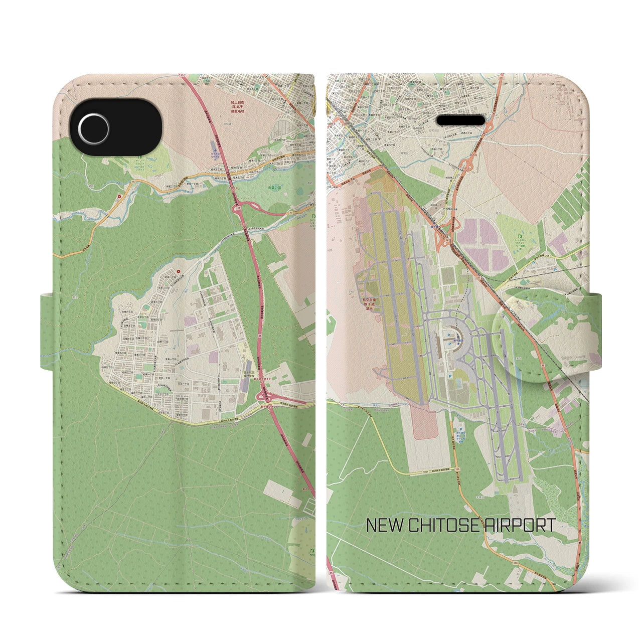 【新千歳空港(北海道)】地図柄iPhoneケース(手帳タイプ)ナチュラル・iPhone SE(第3 / 第2世代) / 8 / 7 / 6s / 6 用