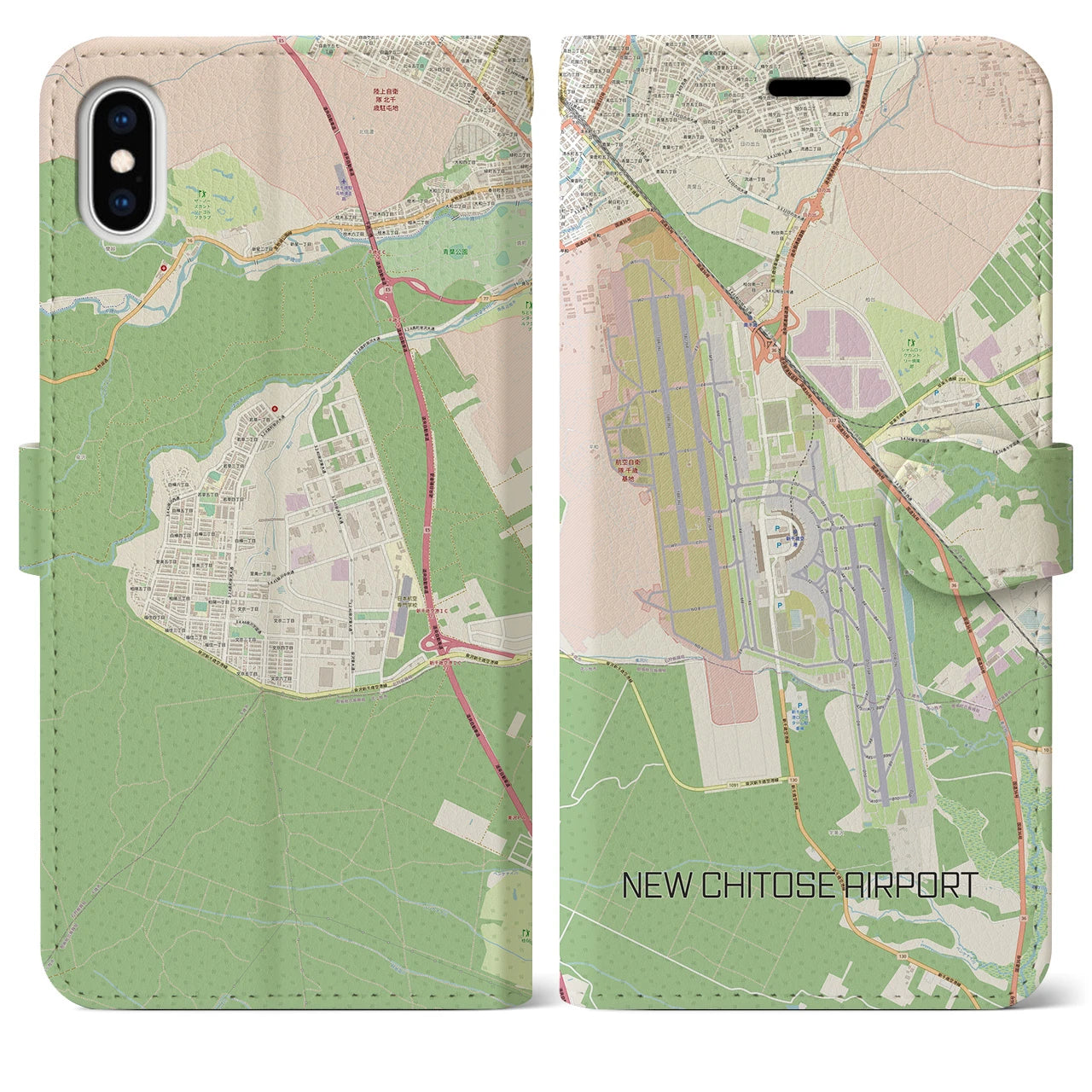 【新千歳空港(北海道)】地図柄iPhoneケース(手帳タイプ)ナチュラル・iPhone XS Max 用