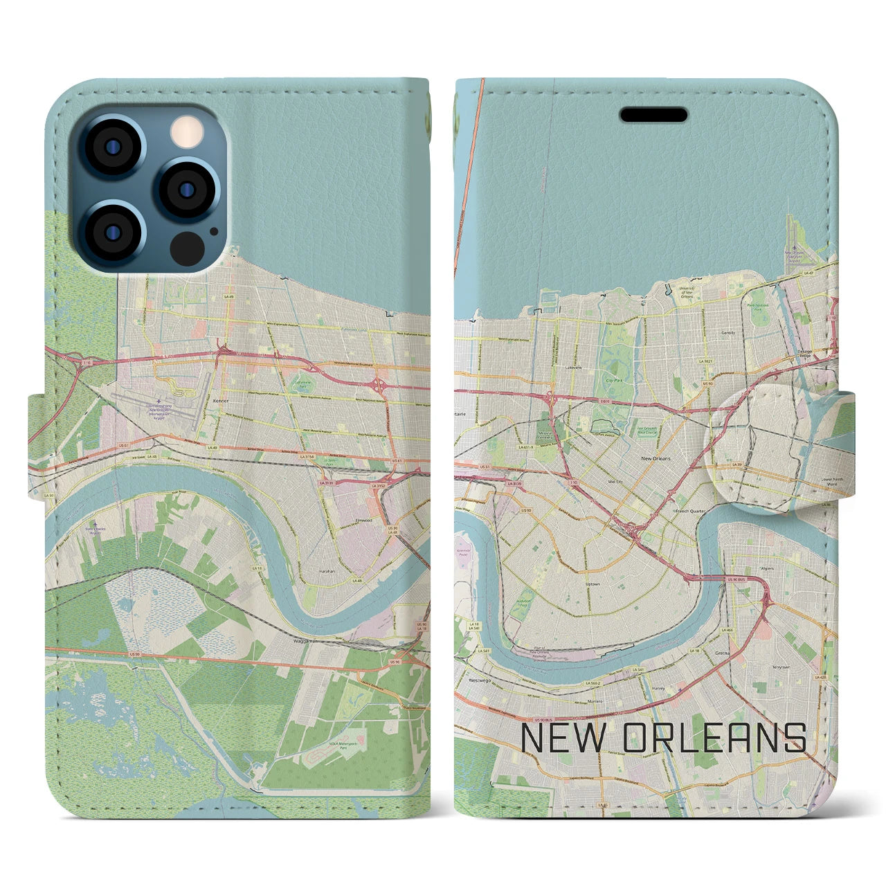 【ニューオーリンズ(アメリカ)】地図柄iPhoneケース(手帳タイプ)ナチュラル・iPhone 12 / 12 Pro 用