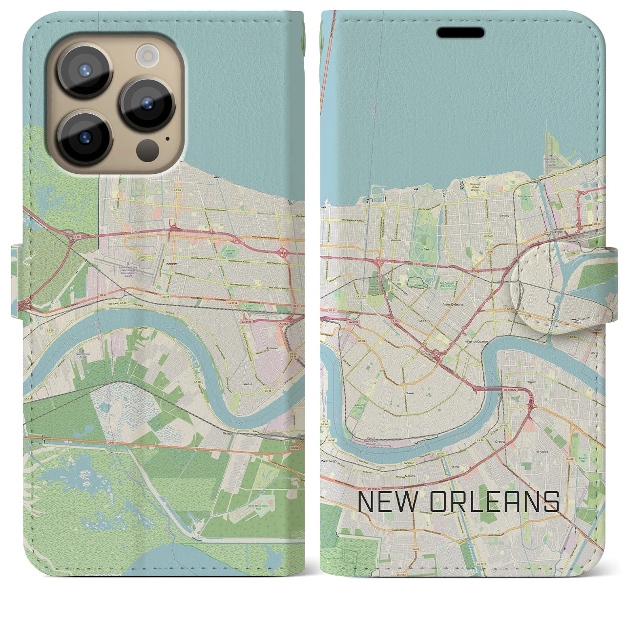 【ニューオーリンズ(アメリカ)】地図柄iPhoneケース(手帳タイプ)ナチュラル・iPhone 14 Pro Max 用