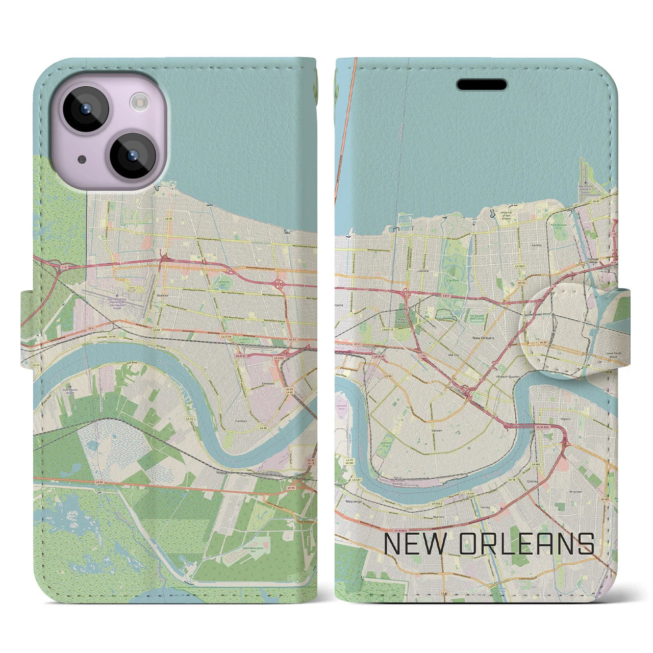 【ニューオーリンズ(アメリカ)】地図柄iPhoneケース(手帳タイプ)ナチュラル・iPhone 14 用