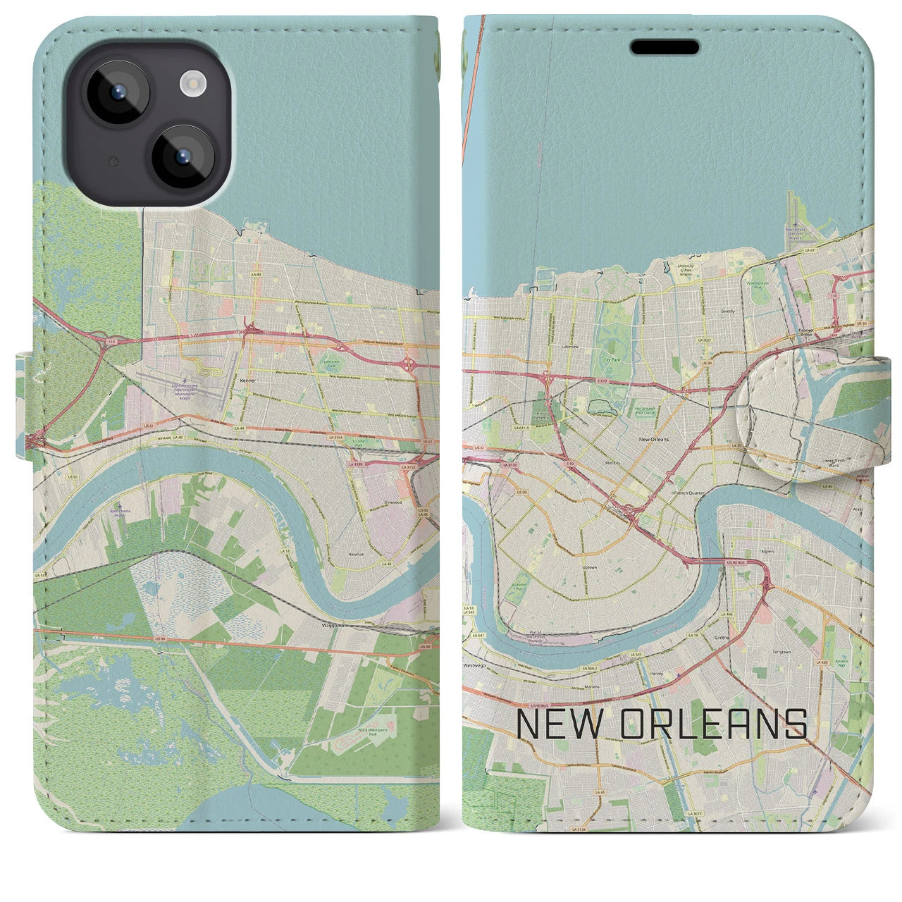 【ニューオーリンズ(アメリカ)】地図柄iPhoneケース(手帳タイプ)ナチュラル・iPhone 14 Plus 用