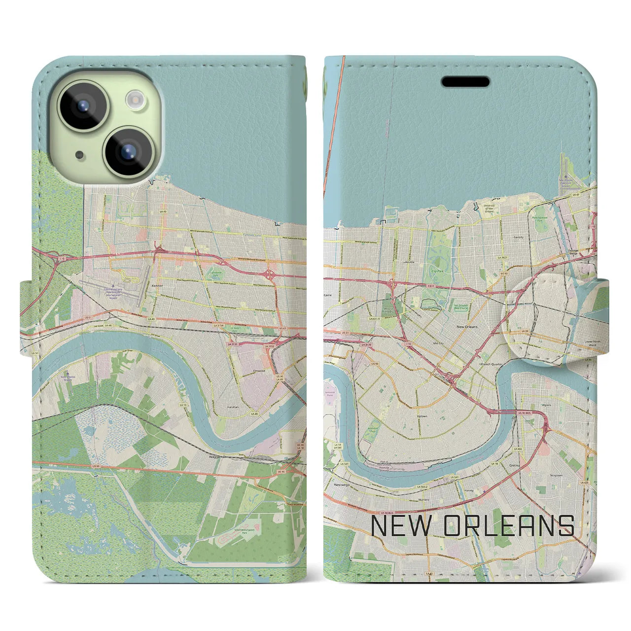 【ニューオーリンズ(アメリカ)】地図柄iPhoneケース(手帳タイプ)ナチュラル・iPhone 15 用