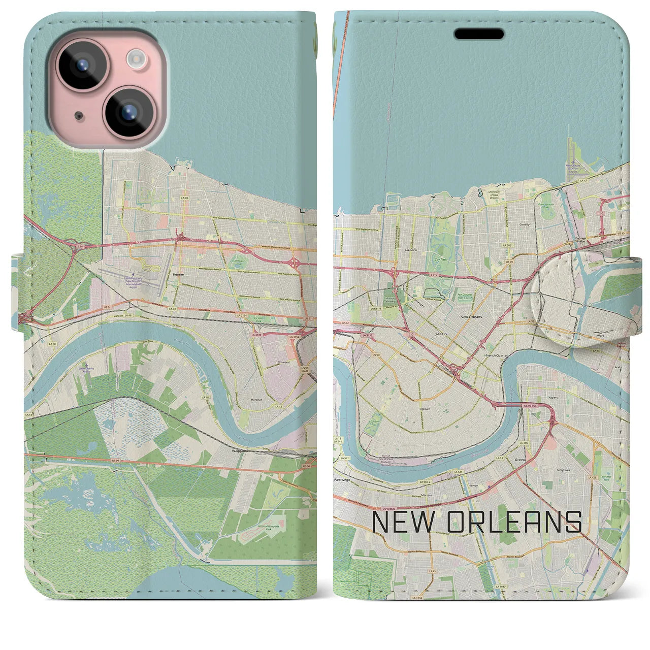 【ニューオーリンズ(アメリカ)】地図柄iPhoneケース(手帳タイプ)ナチュラル・iPhone 15 Plus 用