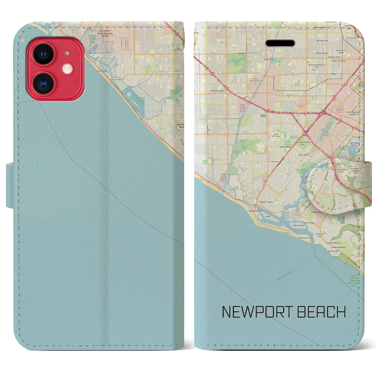 【ニューポートビーチ(アメリカ)】地図柄iPhoneケース(手帳タイプ)ナチュラル・iPhone 11 用