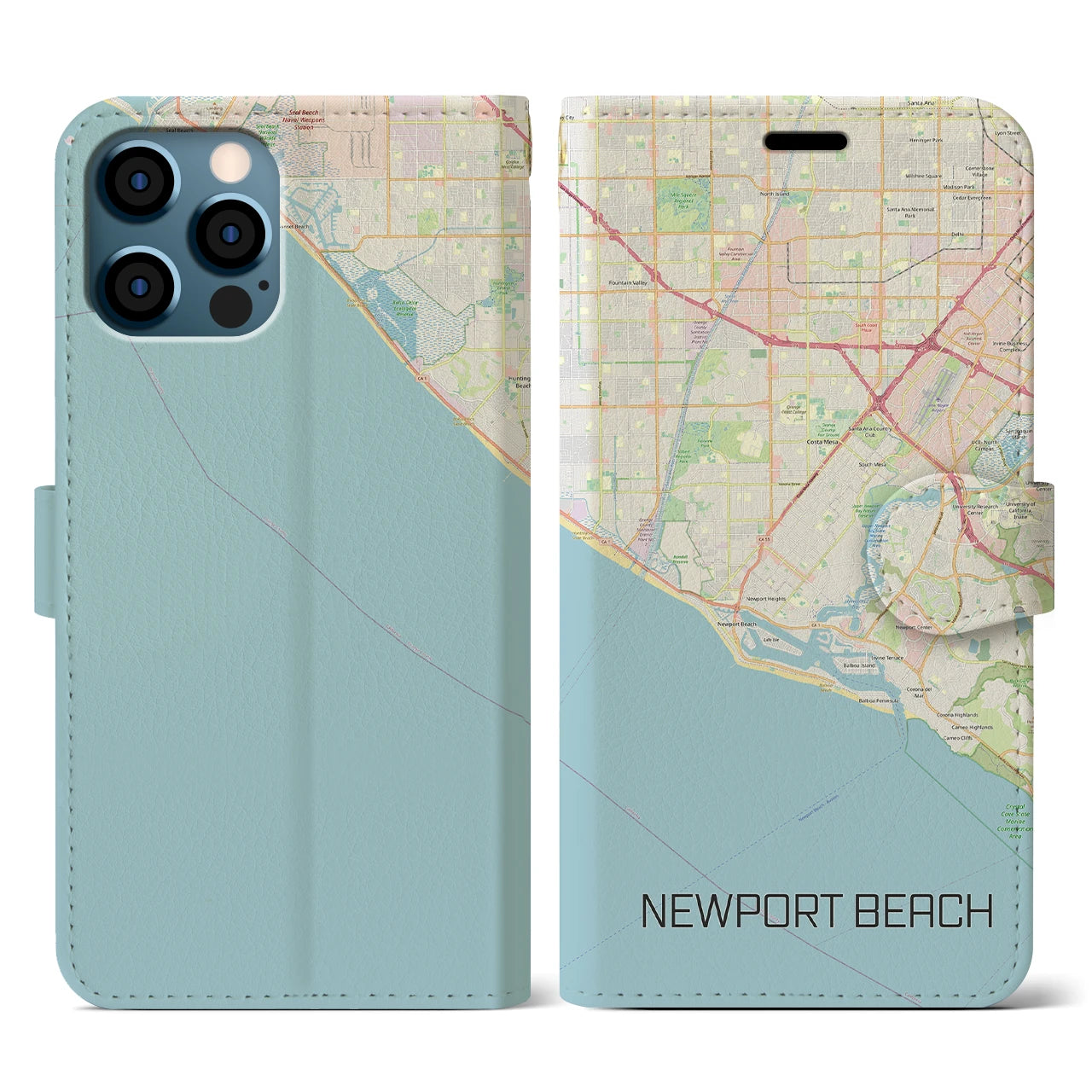 【ニューポートビーチ(アメリカ)】地図柄iPhoneケース(手帳タイプ)ナチュラル・iPhone 12 / 12 Pro 用