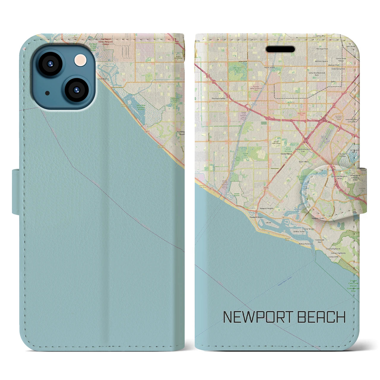 【ニューポートビーチ(アメリカ)】地図柄iPhoneケース(手帳タイプ)ナチュラル・iPhone 13 用