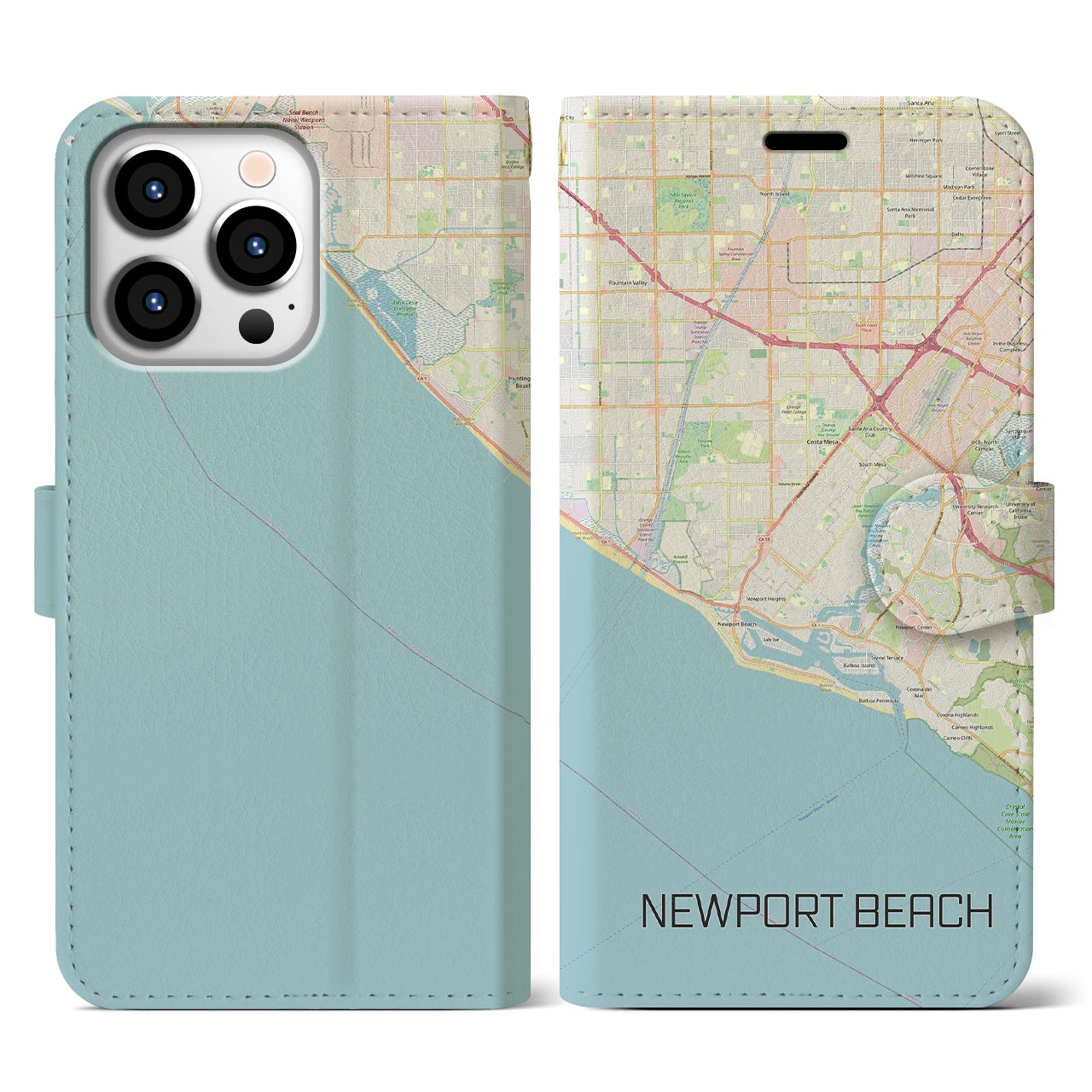 【ニューポートビーチ(アメリカ)】地図柄iPhoneケース(手帳タイプ)ナチュラル・iPhone 13 Pro 用