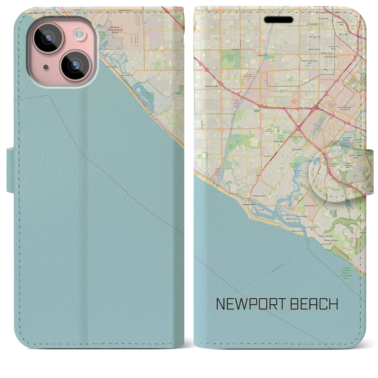 【ニューポートビーチ(アメリカ)】地図柄iPhoneケース(手帳タイプ)ナチュラル・iPhone 15 Plus 用
