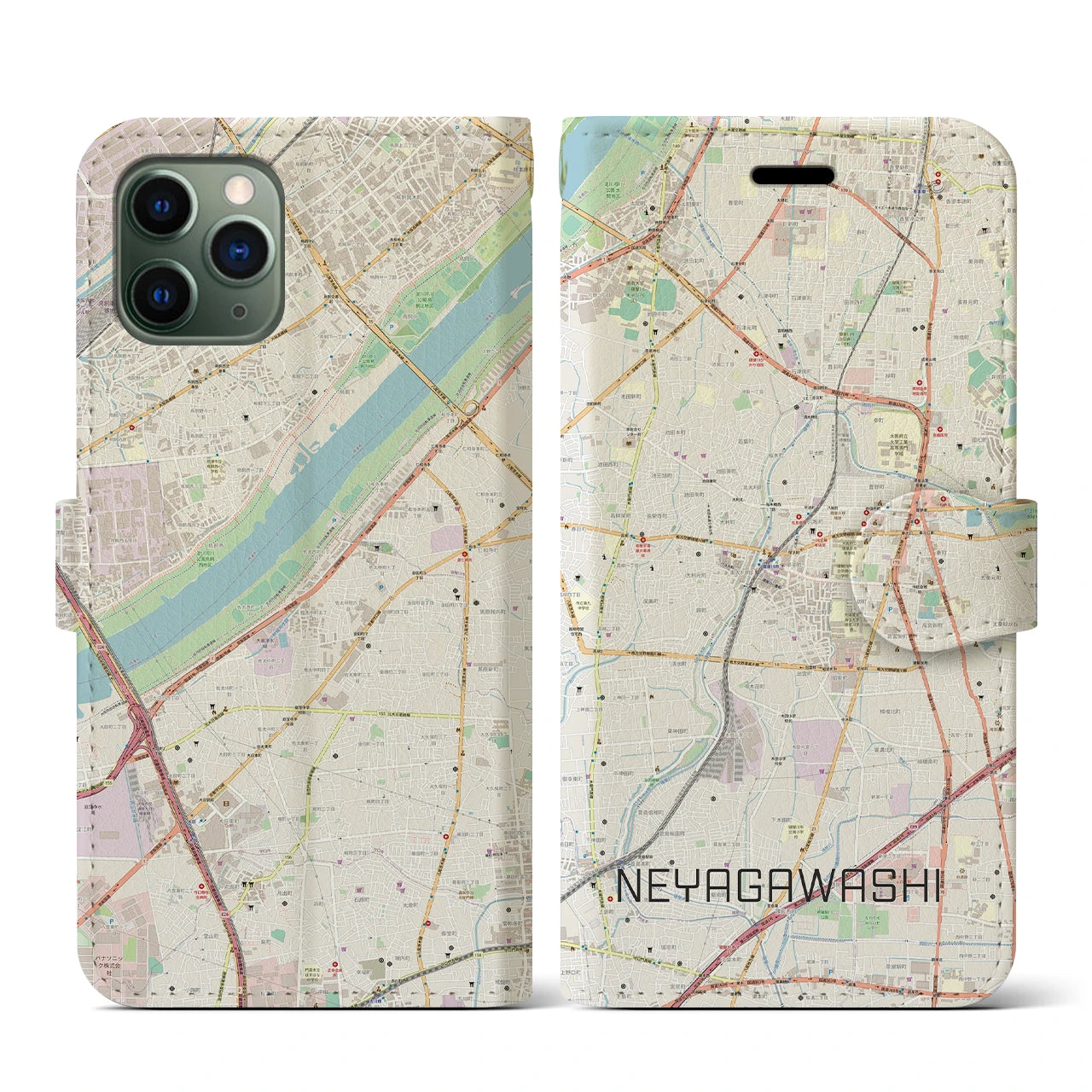 【寝屋川市(大阪府)】地図柄iPhoneケース(手帳タイプ)ナチュラル・iPhone 11 Pro 用