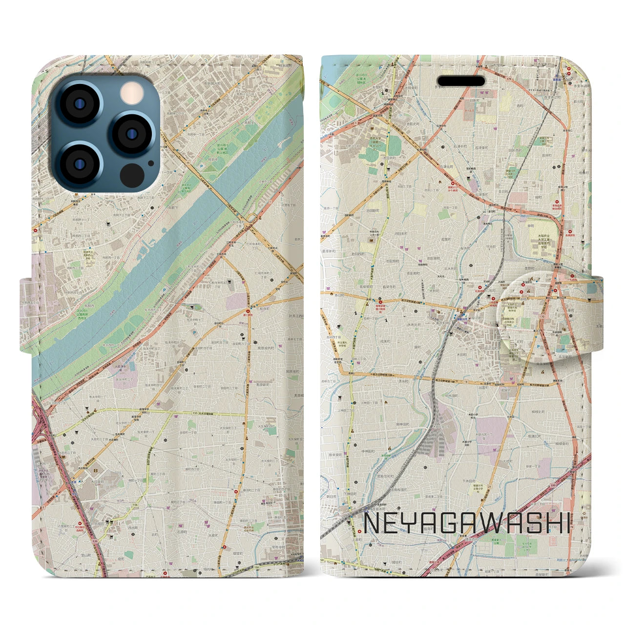 【寝屋川市(大阪府)】地図柄iPhoneケース(手帳タイプ)ナチュラル・iPhone 12 / 12 Pro 用