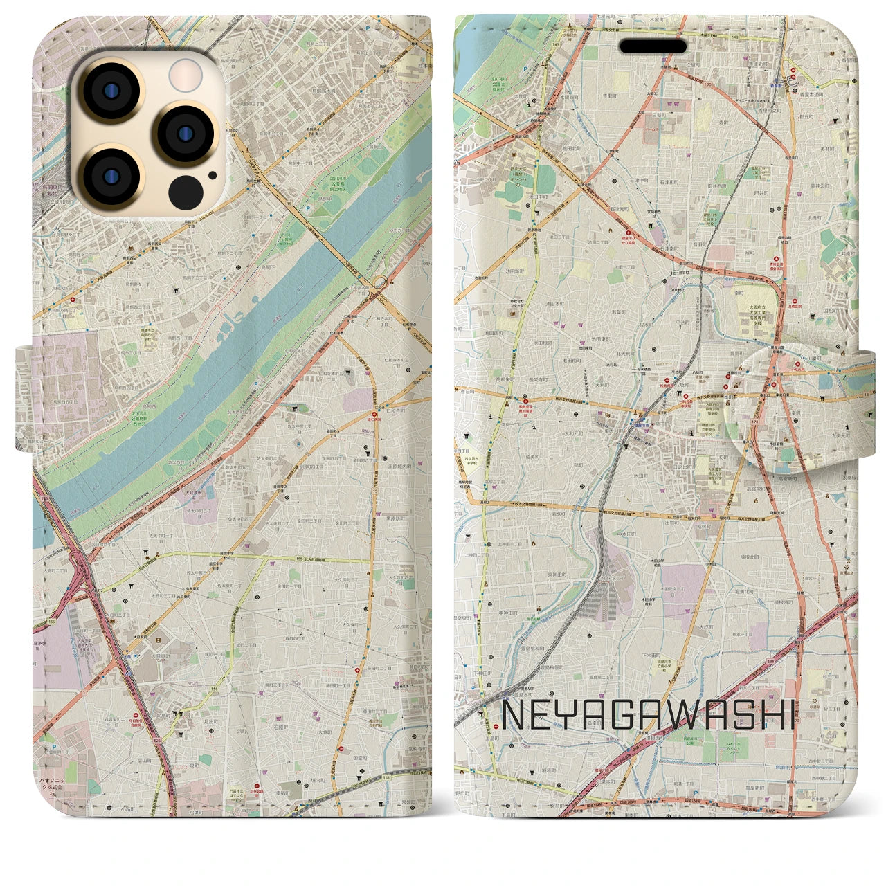 【寝屋川市(大阪府)】地図柄iPhoneケース(手帳タイプ)ナチュラル・iPhone 12 Pro Max 用
