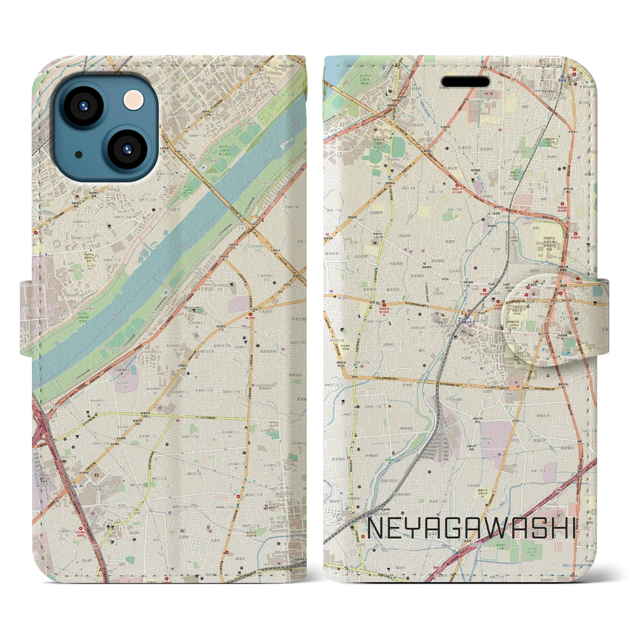 【寝屋川市(大阪府)】地図柄iPhoneケース(手帳タイプ)ナチュラル・iPhone 13 用