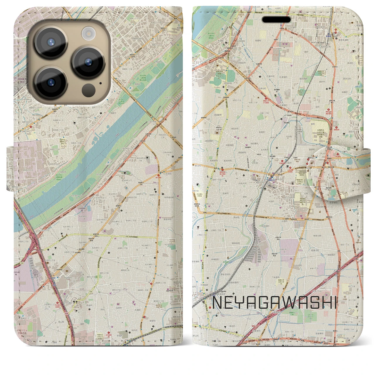 【寝屋川市(大阪府)】地図柄iPhoneケース(手帳タイプ)ナチュラル・iPhone 14 Pro Max 用
