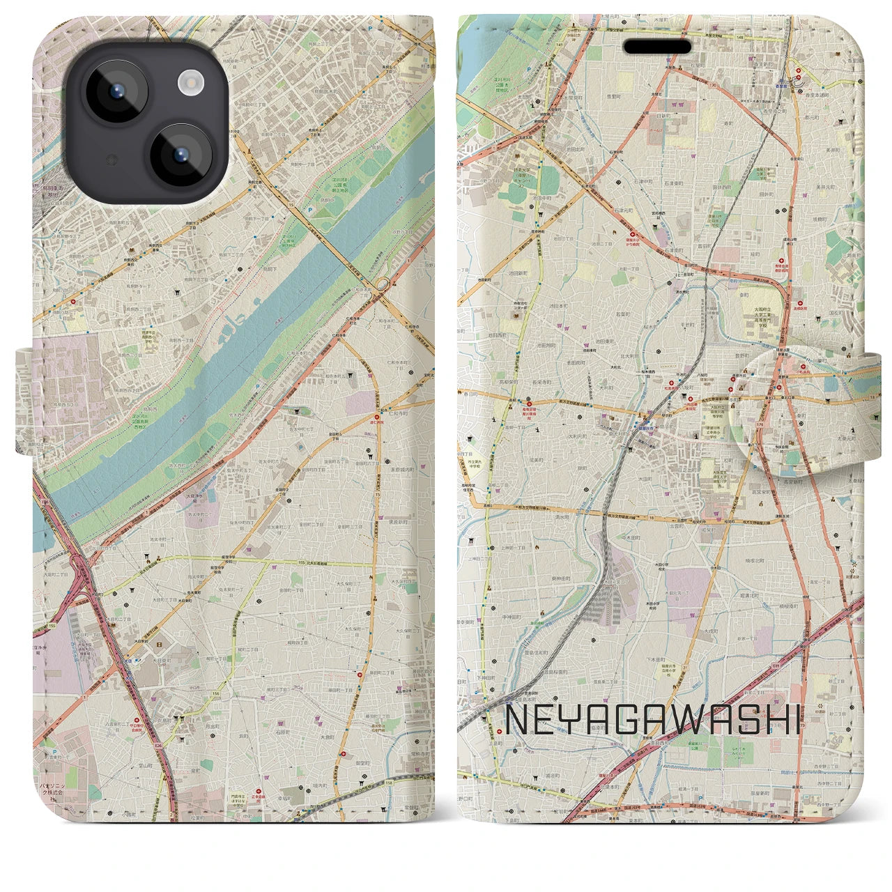 【寝屋川市(大阪府)】地図柄iPhoneケース(手帳タイプ)ナチュラル・iPhone 14 Plus 用