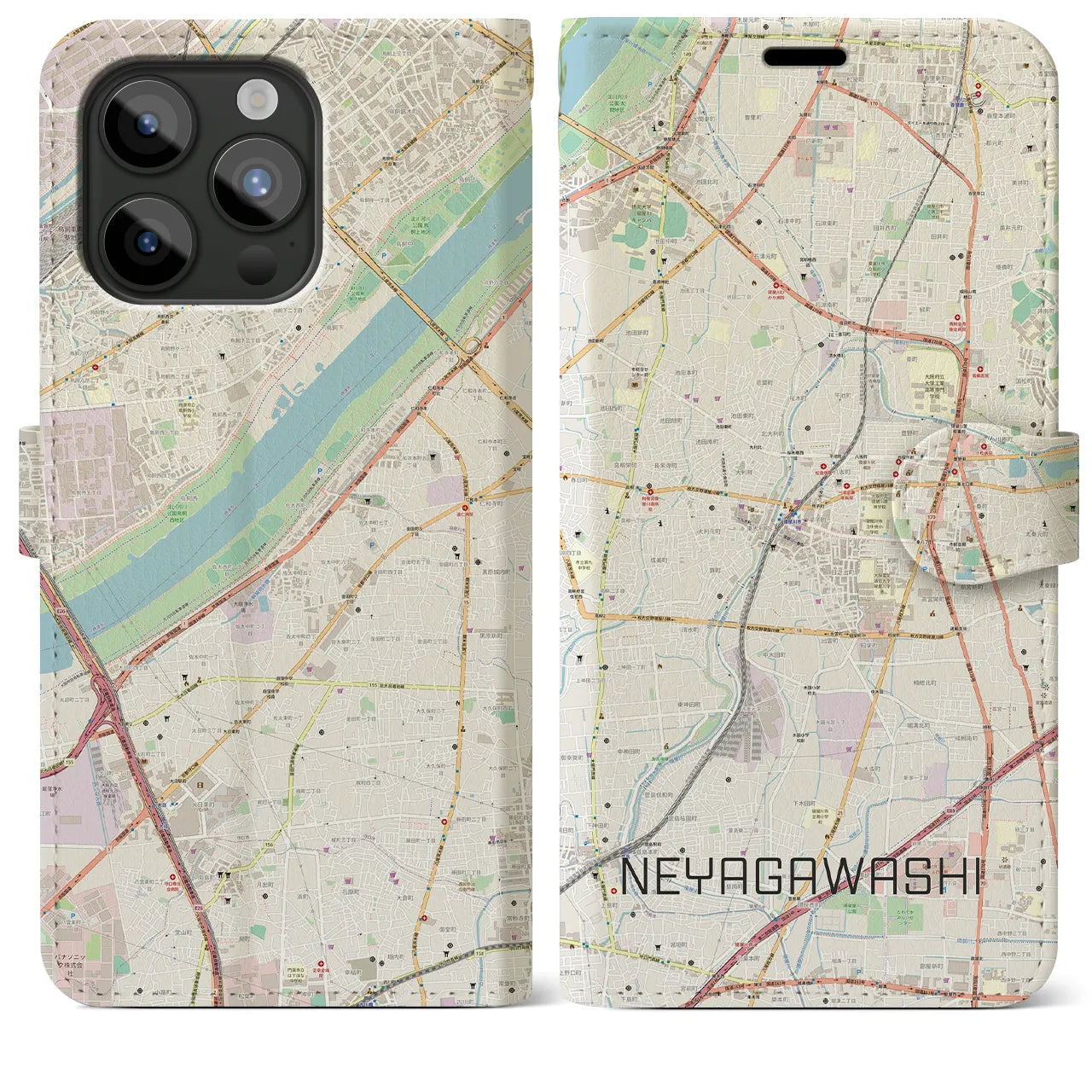 【寝屋川市(大阪府)】地図柄iPhoneケース(手帳タイプ)ナチュラル・iPhone 15 Pro Max 用