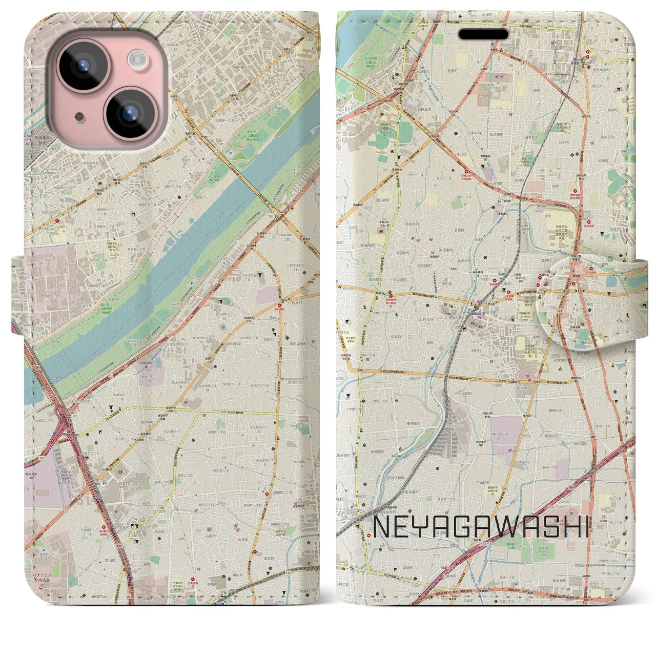 【寝屋川市(大阪府)】地図柄iPhoneケース(手帳タイプ)ナチュラル・iPhone 15 Plus 用