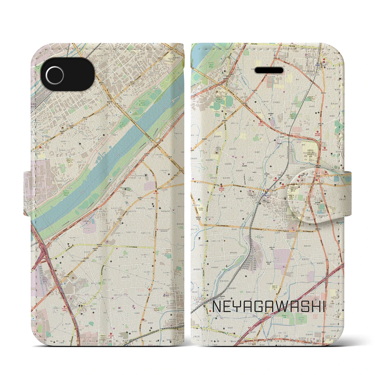【寝屋川市(大阪府)】地図柄iPhoneケース(手帳タイプ)ナチュラル・iPhone SE(第3 / 第2世代) / 8 / 7 / 6s / 6 用