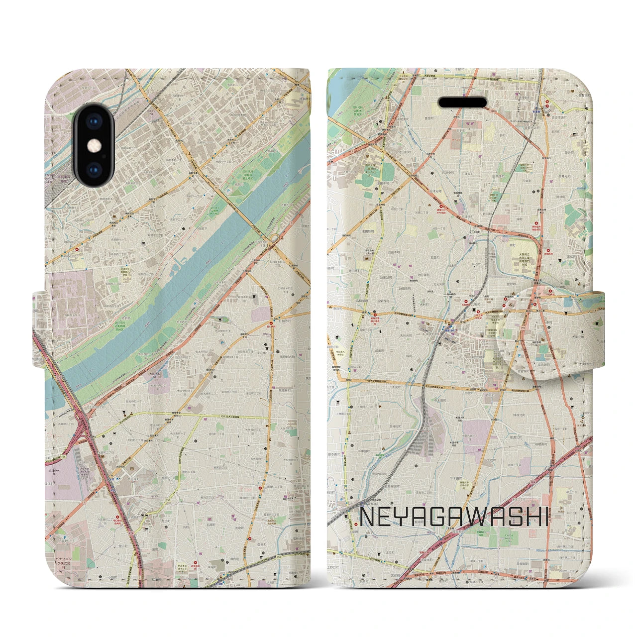 【寝屋川市(大阪府)】地図柄iPhoneケース(手帳タイプ)ナチュラル・iPhone XS / X 用