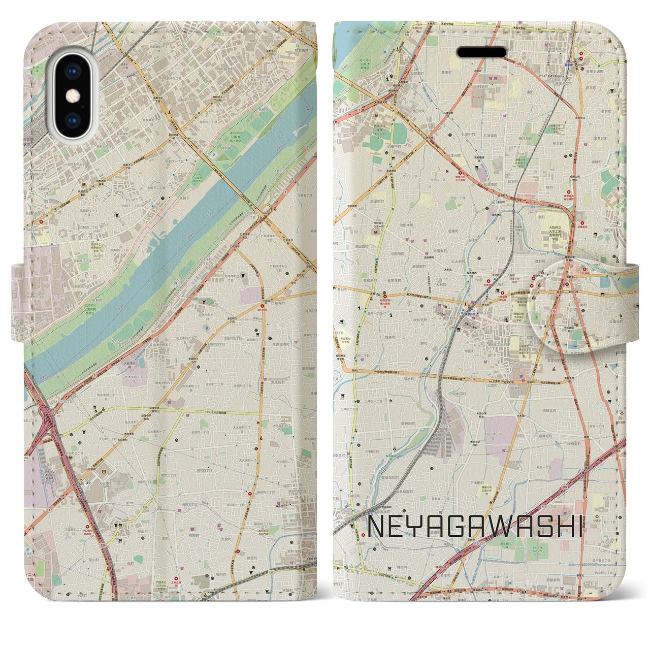 【寝屋川市(大阪府)】地図柄iPhoneケース(手帳タイプ)ナチュラル・iPhone XS Max 用