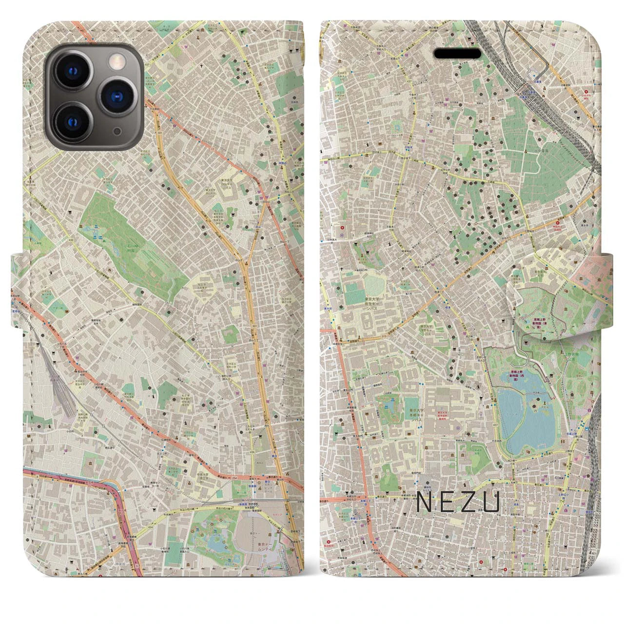 【根津(東京都)】地図柄iPhoneケース(手帳タイプ)ナチュラル・iPhone 11 Pro Max 用