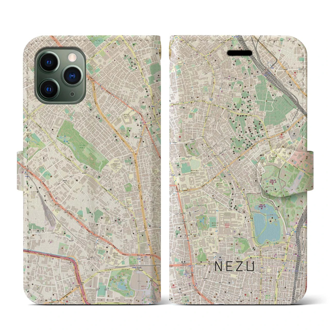 【根津(東京都)】地図柄iPhoneケース(手帳タイプ)ナチュラル・iPhone 11 Pro 用