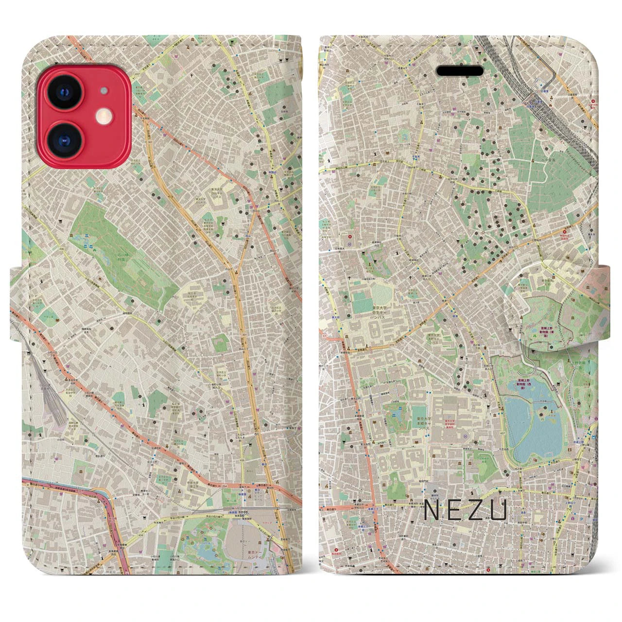 【根津(東京都)】地図柄iPhoneケース(手帳タイプ)ナチュラル・iPhone 11 用