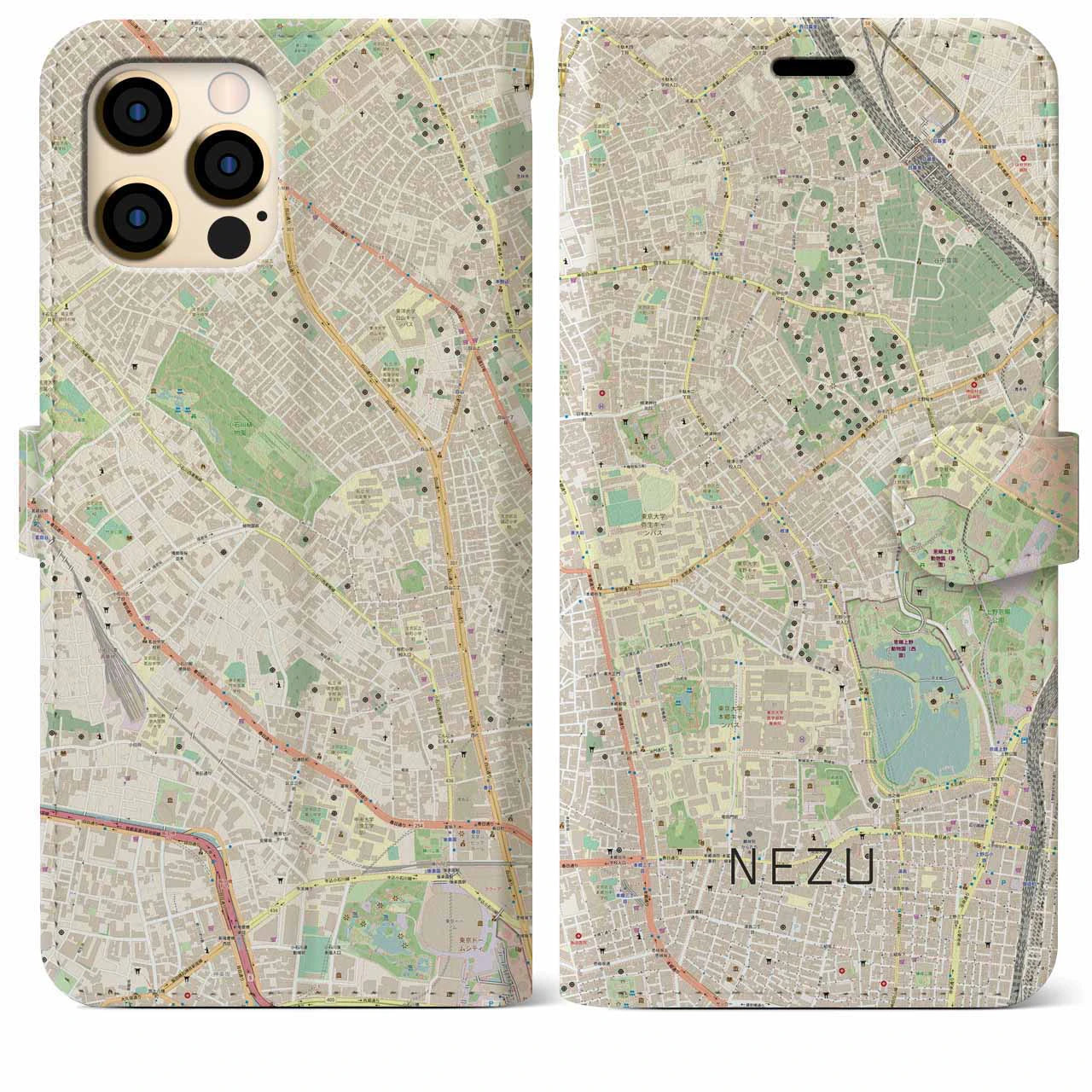 【根津(東京都)】地図柄iPhoneケース(手帳タイプ)ナチュラル・iPhone 12 Pro Max 用