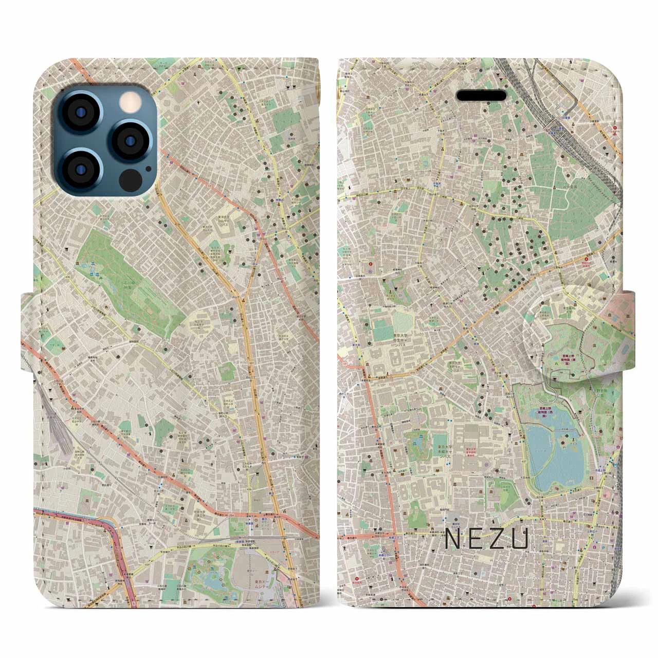 【根津(東京都)】地図柄iPhoneケース(手帳タイプ)ナチュラル・iPhone 12 / 12 Pro 用