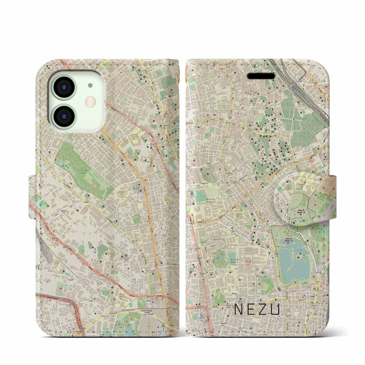 【根津(東京都)】地図柄iPhoneケース(手帳タイプ)ナチュラル・iPhone 12 mini 用