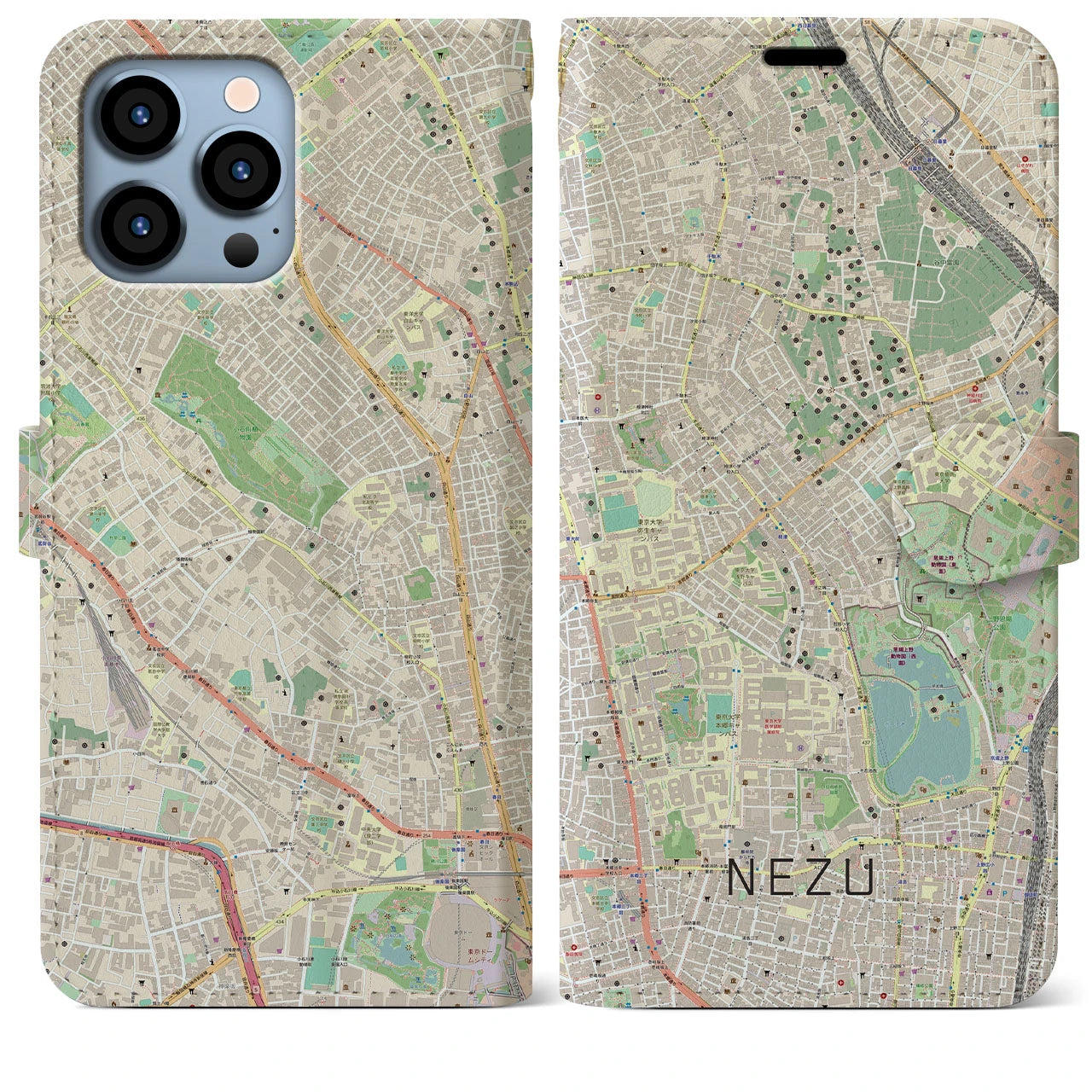 【根津(東京都)】地図柄iPhoneケース(手帳タイプ)ナチュラル・iPhone 13 Pro Max 用