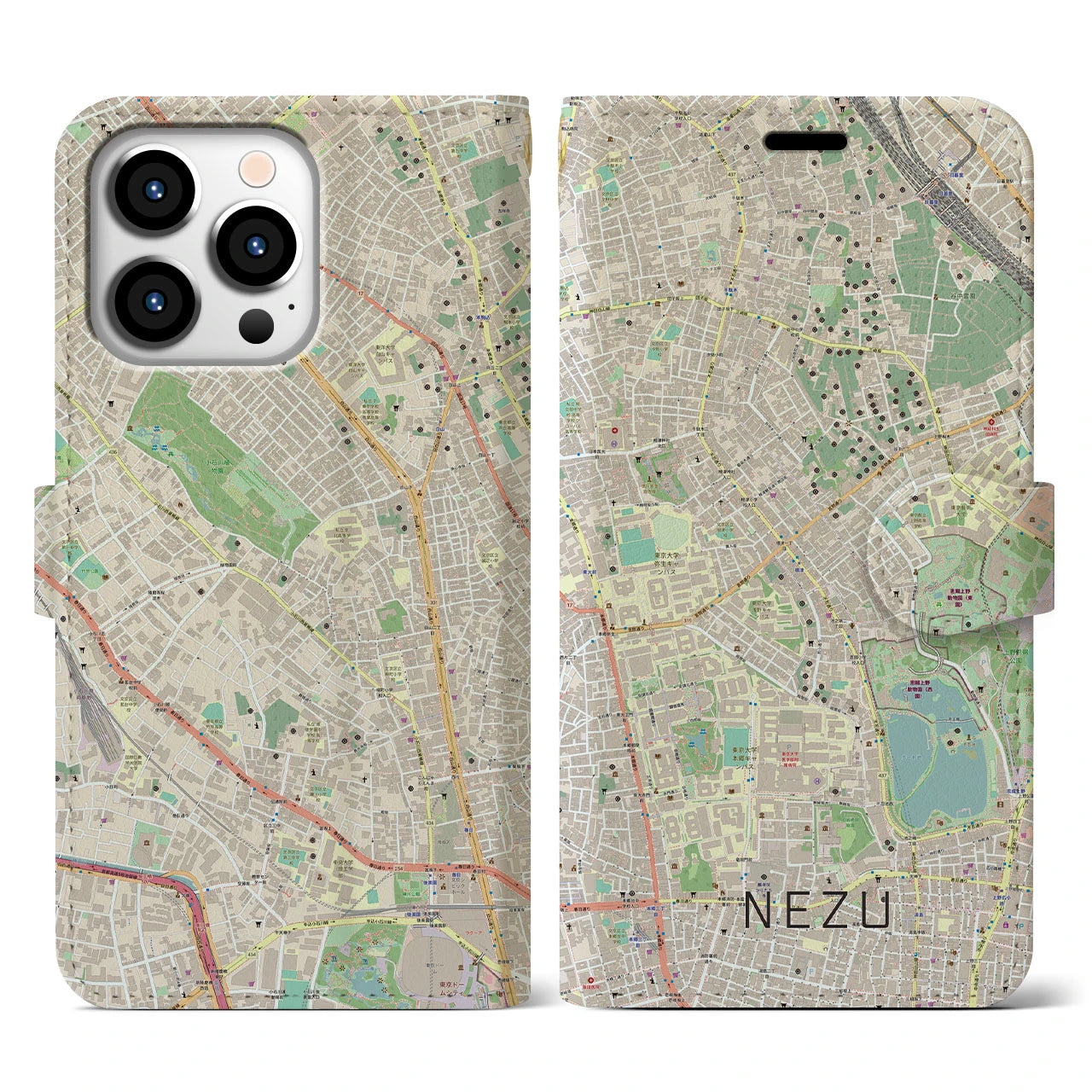 【根津(東京都)】地図柄iPhoneケース(手帳タイプ)ナチュラル・iPhone 13 Pro 用